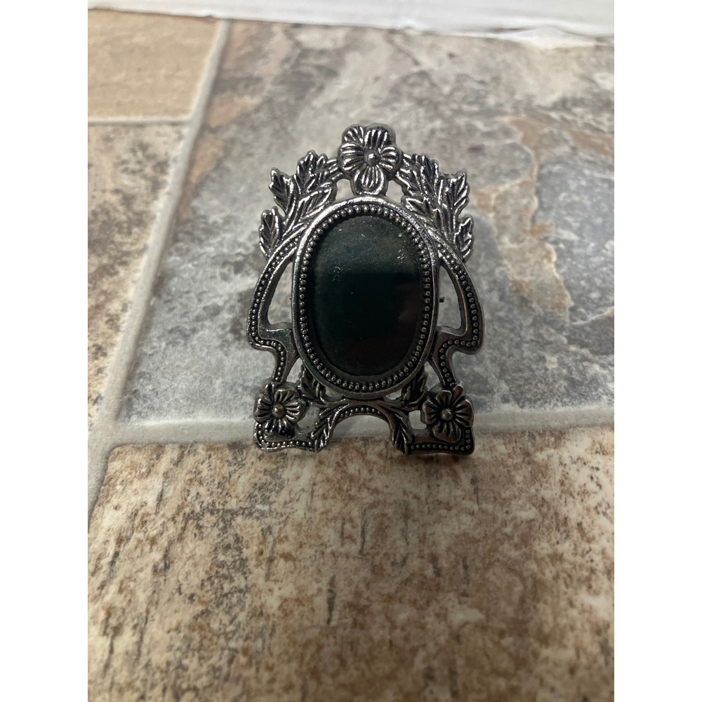 Vintage Ornate Oval Brooch Pin Dark Stone Floral Silver Tone Metal
